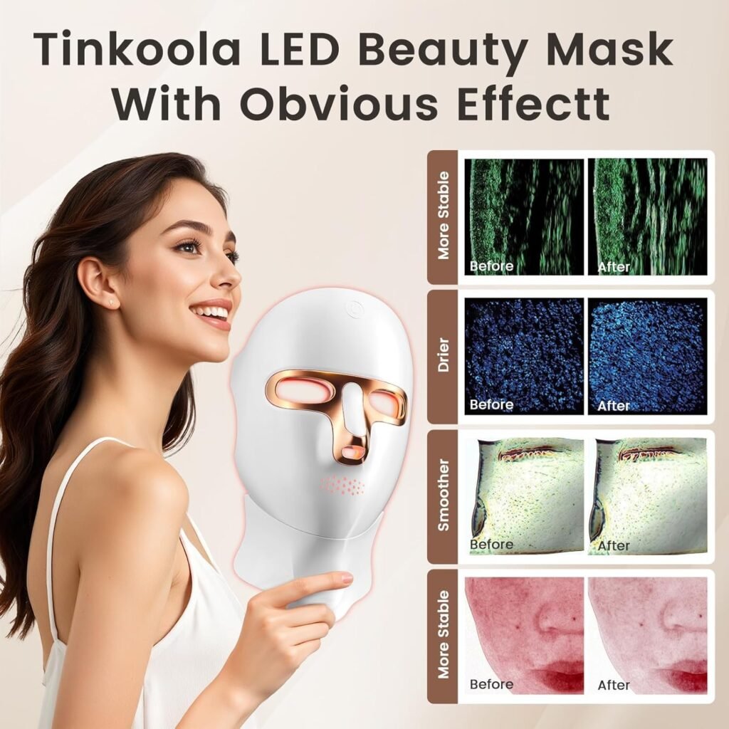 Woman using Tinkoola red light therapy mask at home